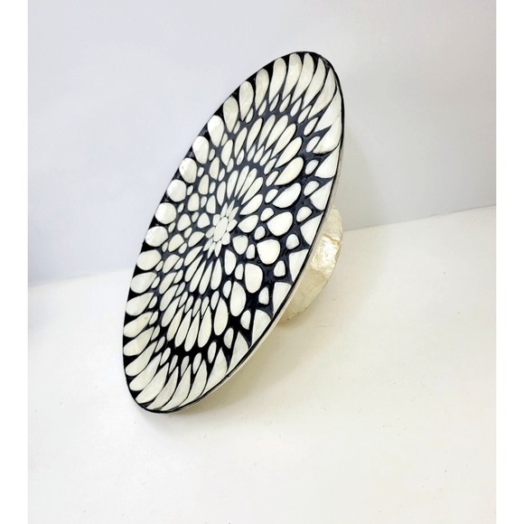 Capiz Shell Pedestal Cake Stand Plate Decorative Flower Inlay Black Ivory 13" - Picture 13 of 15
